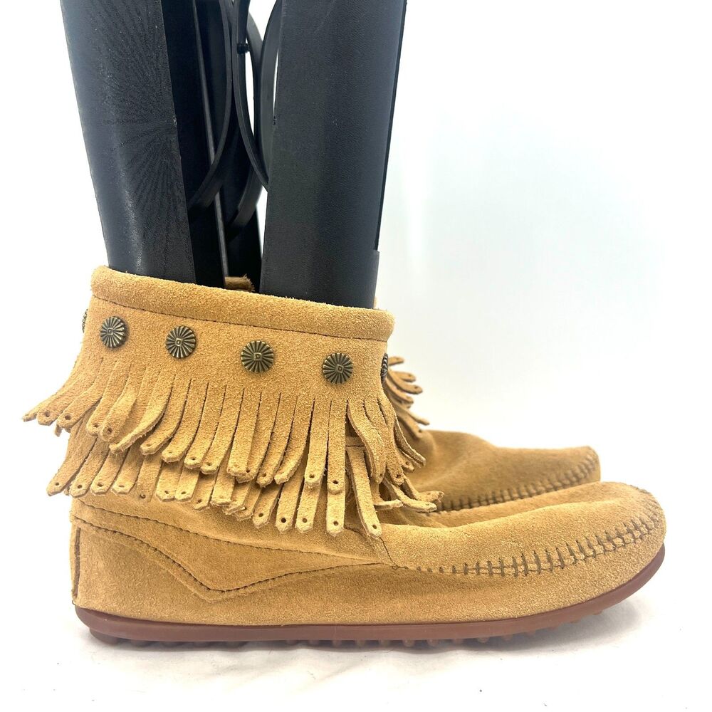 Minnetonka Double Fringe Side Zip Moccasin Ankle Boots Suede Tan Womens 8.5